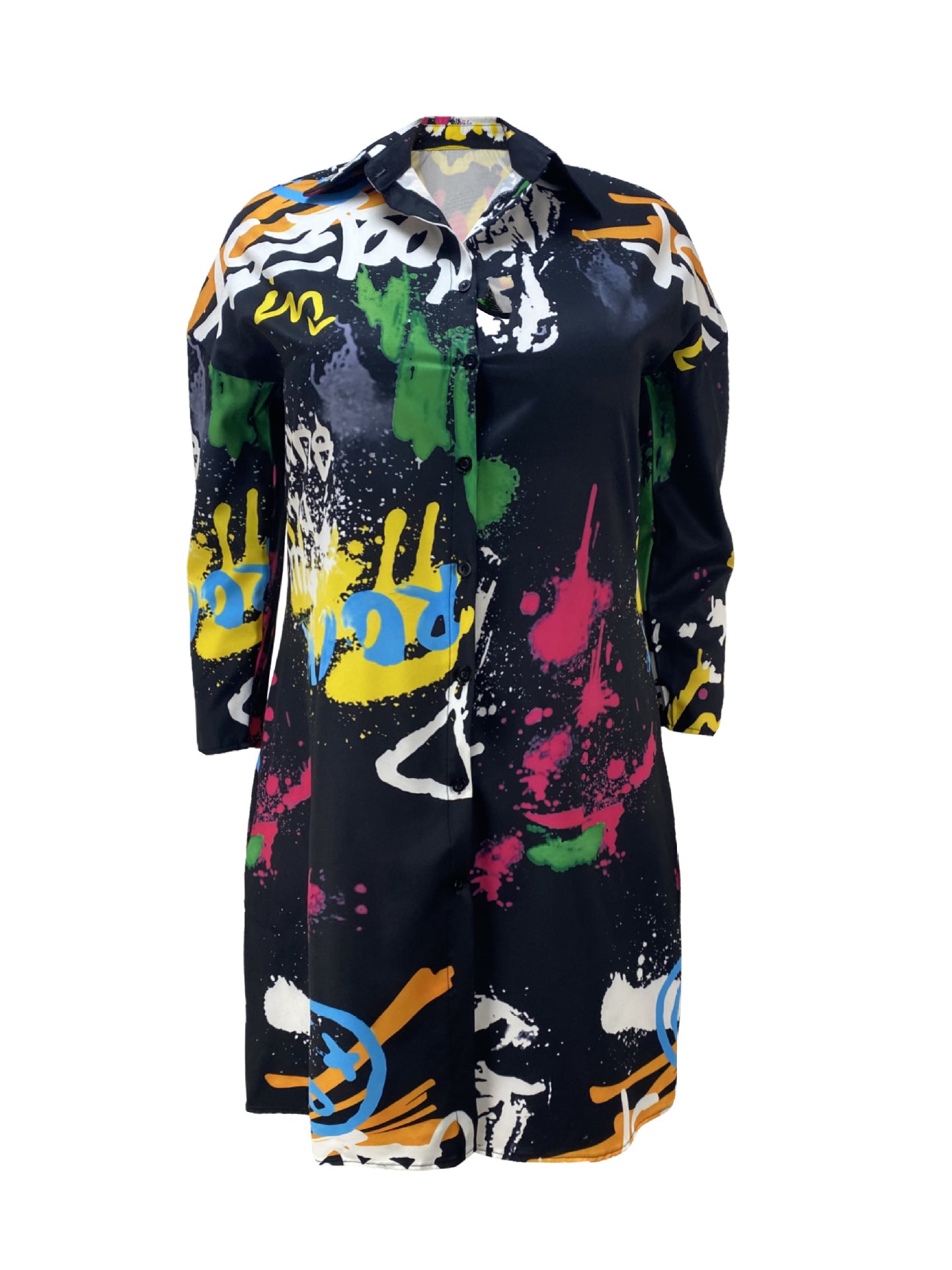 Fashion Print Loose Plus Size Women's Turndown Collar Long-Sleeved Shirt Dress 3