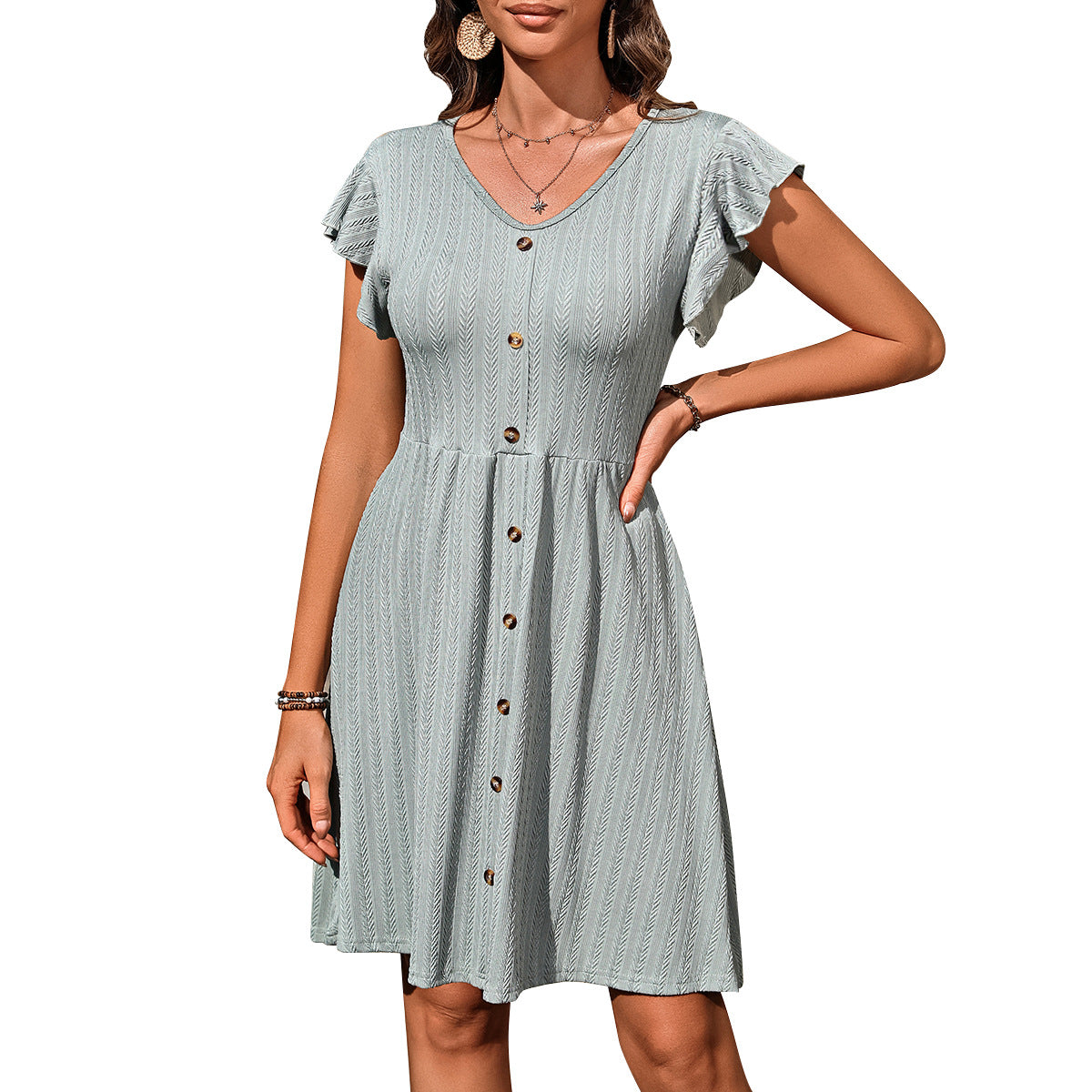 Summer Women's V-Neck Button-Down Slim Waist Stretch Short-Sleeved Dress 12