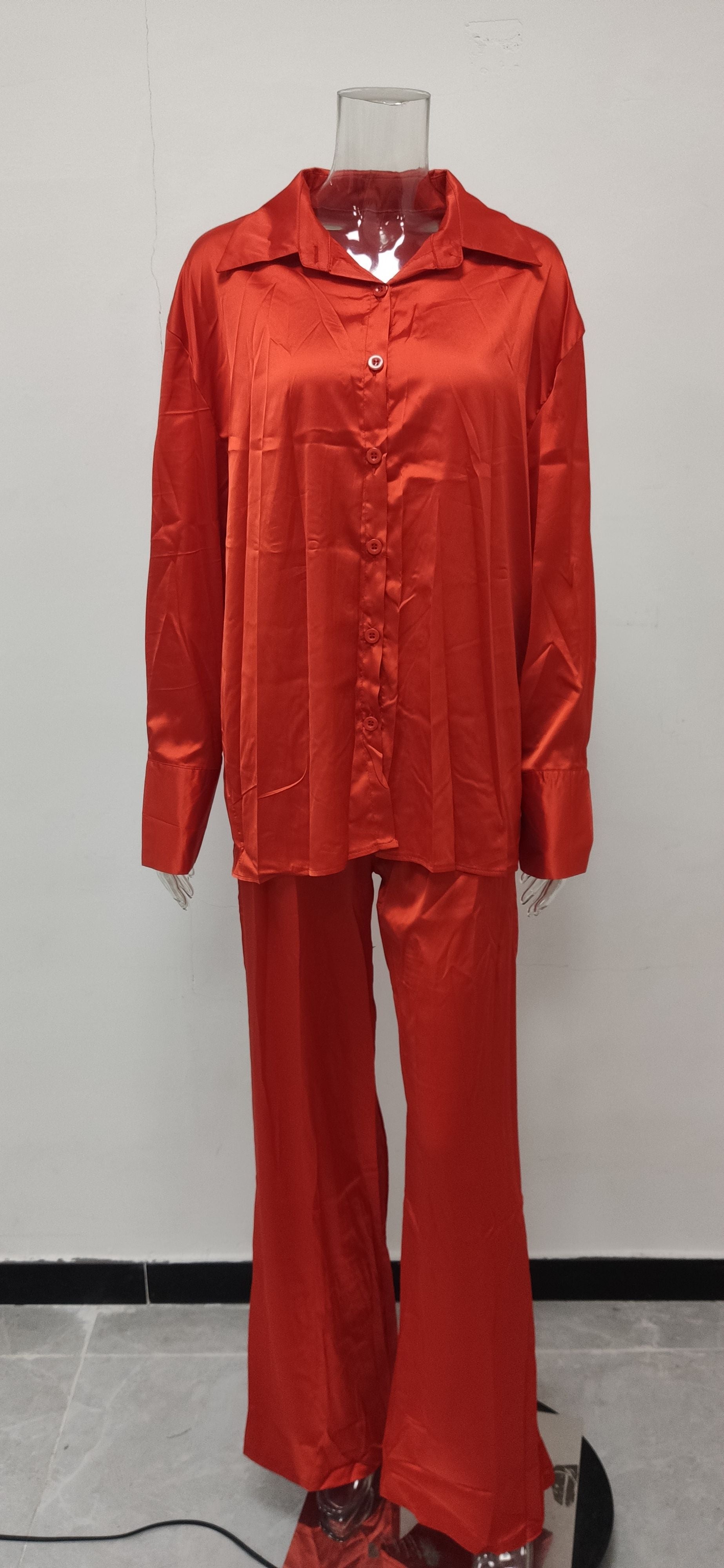 Solid Color Satin Long Sleeve Casual Two Piece Pants Set Trendy Lounge Wear 14