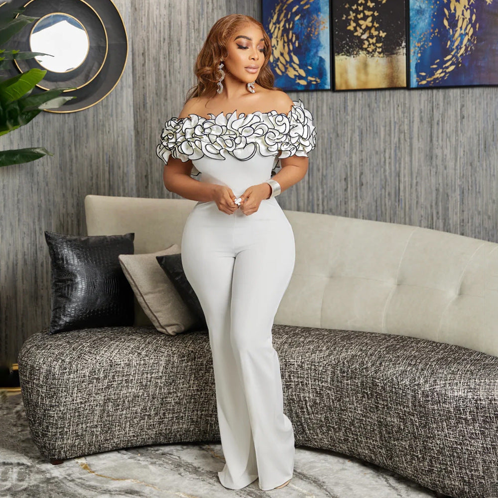 Sexy Tight Fitting Off Shoulder Ruffled Jumpsuit