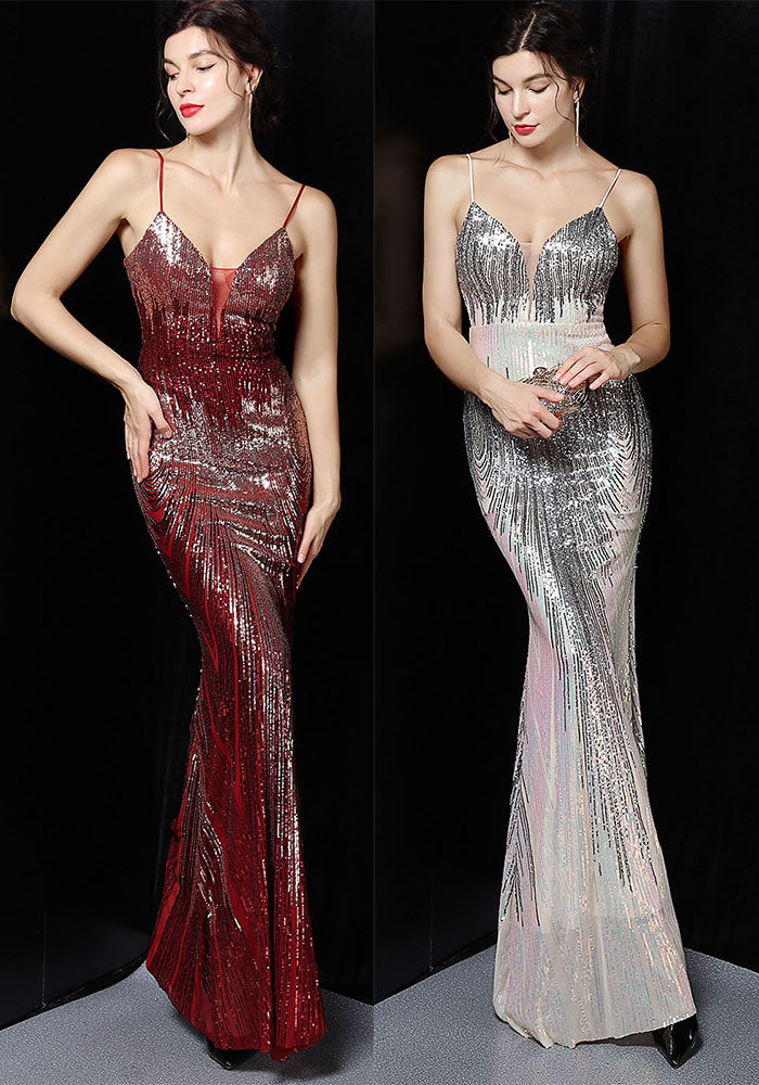 Summer Sheer Sequin Strap Mermaid Evening Dress