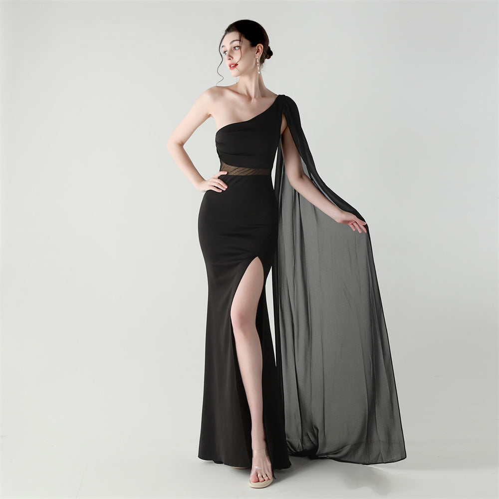 Women One Shoulder Slant Back Patchwork Mesh Formal Party Evening Dress 15