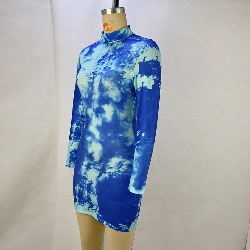 Women Spring Summer Print Stand Collar Long Sleeve Bodycon Dress 9