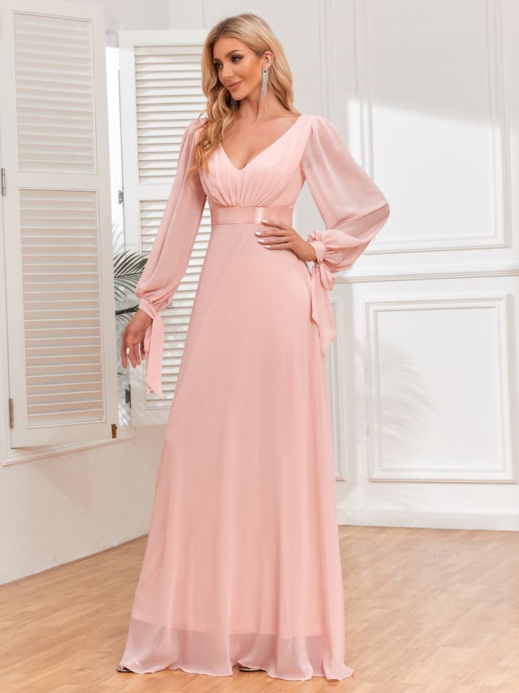 Pink Chiffon Dress Lace-Up Long Sleeves V-Neck Patchwork Elastic Waist Full Swing Evening Dress 6