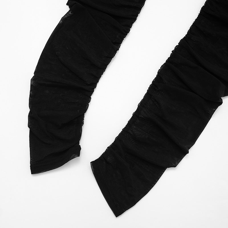 Women Autumn/Winter Cross-Gathered Double-Collared Top and See-Through Mesh Skirt with Three-Piece Knee Pads 28