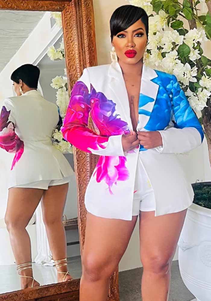 Women's Fashion Casual Collar Printed Blazer Shorts Two Piece Suit 5