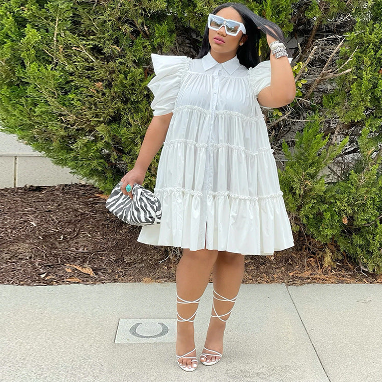 Spring/Summer Retro Court Style Pleated Puff Sleeve Loose Women Dress