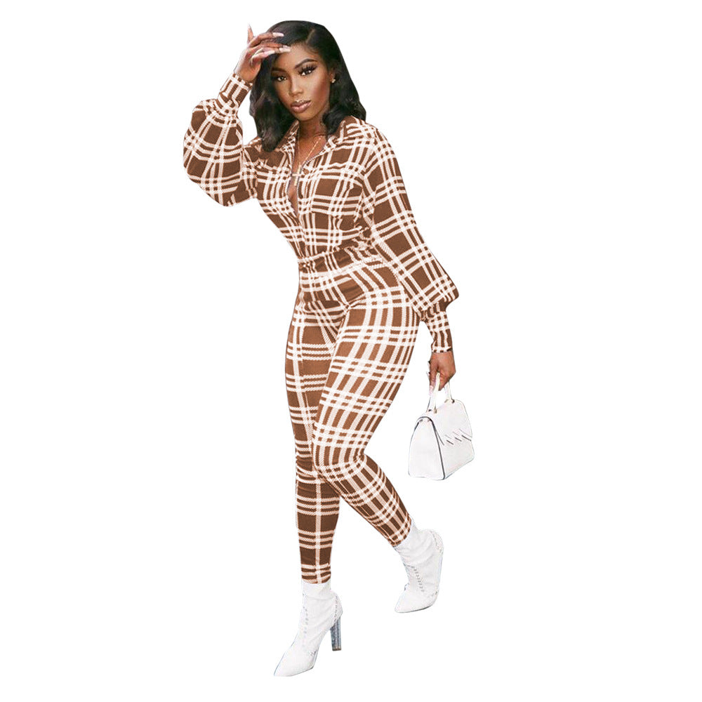Fashionable Spring Turndown Collar Slim Puff Sleeve Women's Plaid Print Jumpsuit 8
