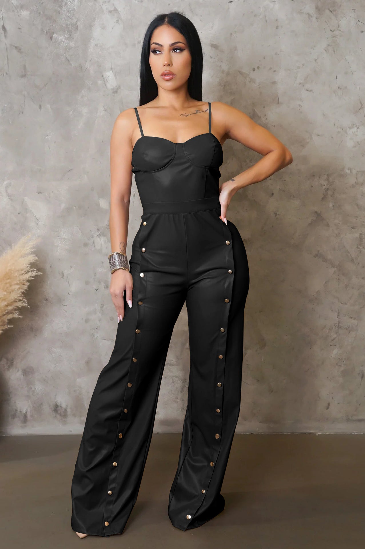 Women's PU Leather Strap Sleeveless Wide-Leg Jumpsuit 3