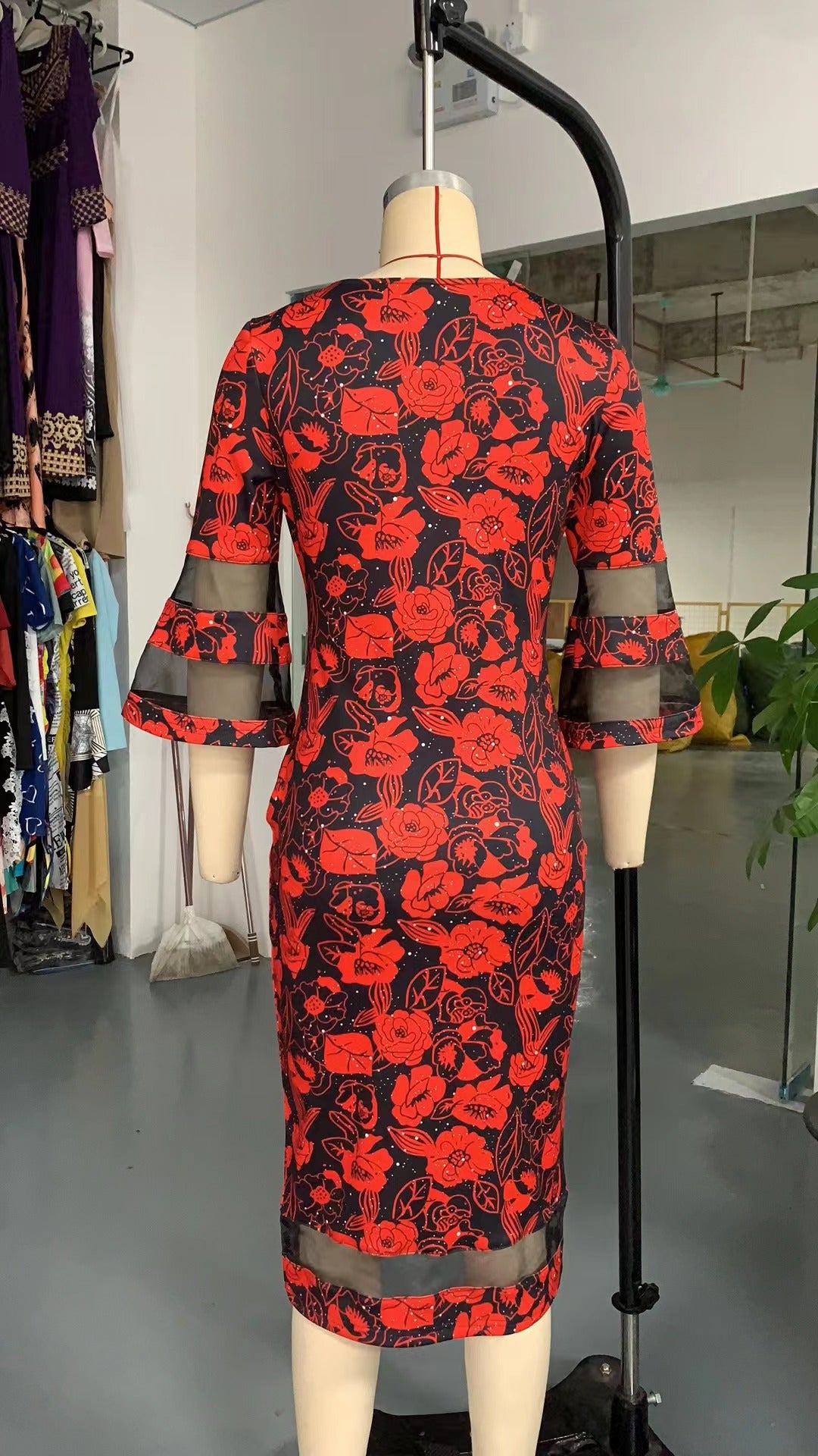 Women Print Bell Bottom Sleeve V-neck Chic Mesh Patchwork Bodycon Dress 14