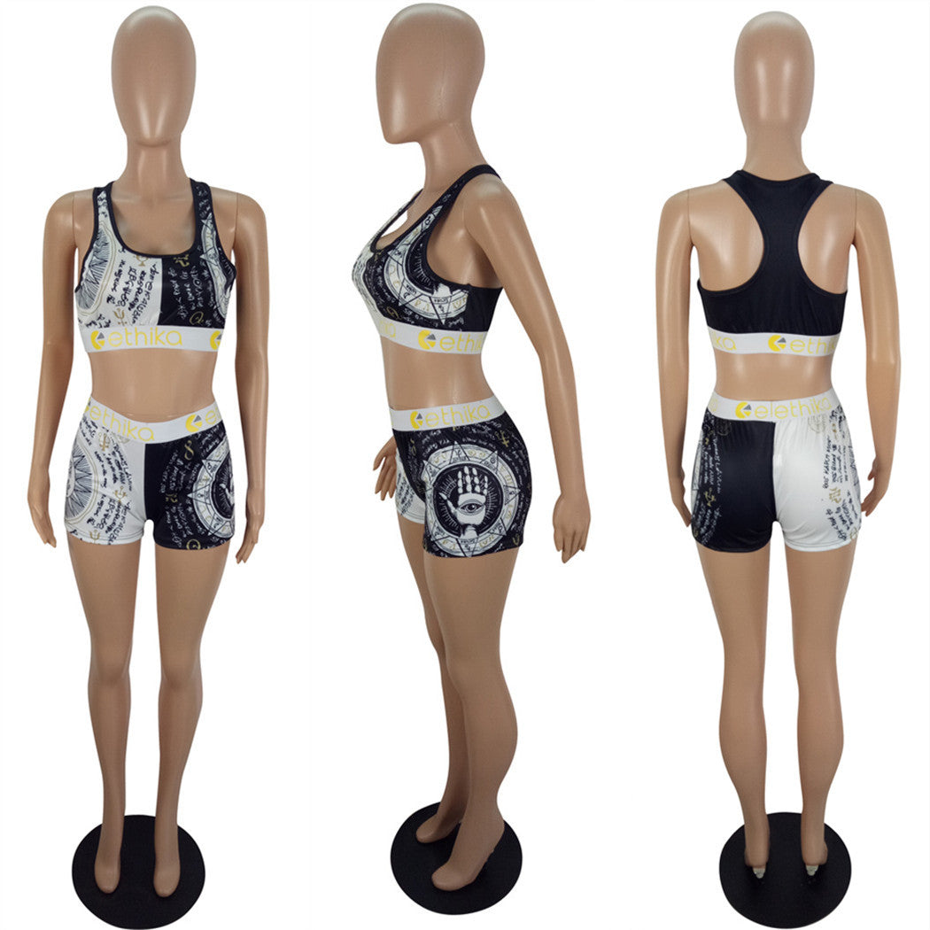 Women Summer Cartoon Printed Top and Shorts Two-piece Set 37