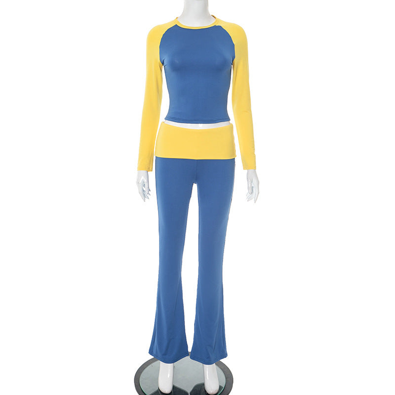 Women Contrast Raglan Long Sleeve Top and Folded Flared Trousers Two-Piece Set 15