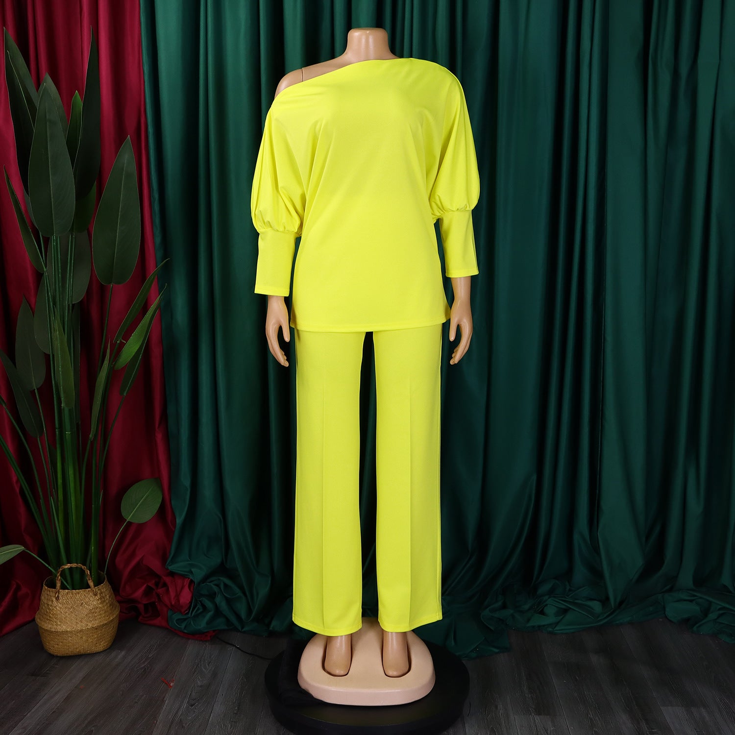 Women's Fall Fashion Solid Color Slash Shoulder Top Wide Leg Pants African Suit 11