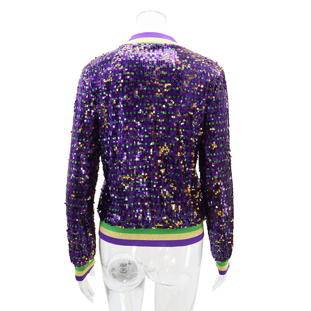 Women Long Sleeve Sequined Fashion Trendy Baseball Jacket 11