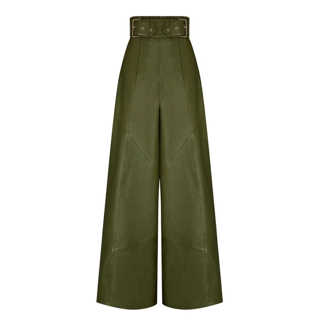 Fashion Women High Waist Loose Pocket Slim Waist Pu Leather Bell Bottom Casual Pants 7