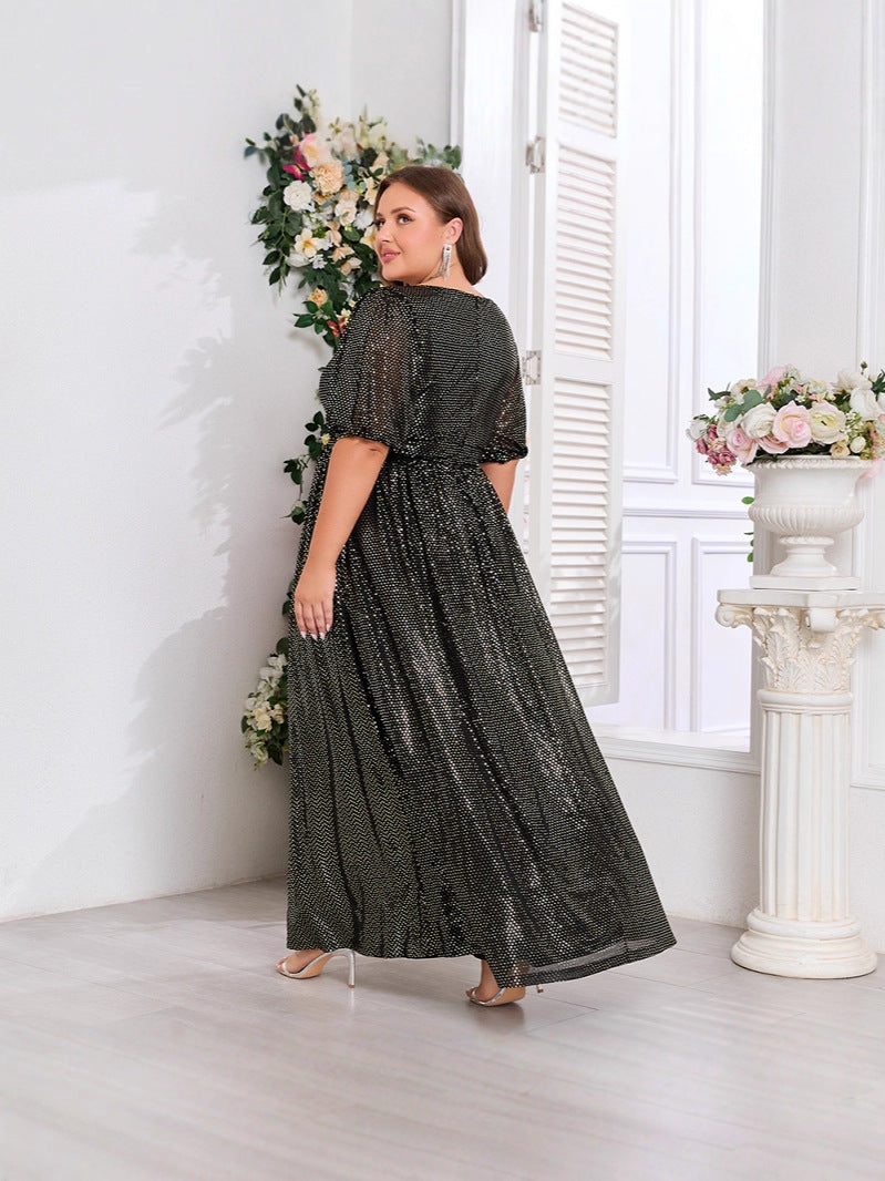 Plus-Size Glitter V-Neck Patchwork Short-Sleeve A-Line Fully Lined Evening Dress