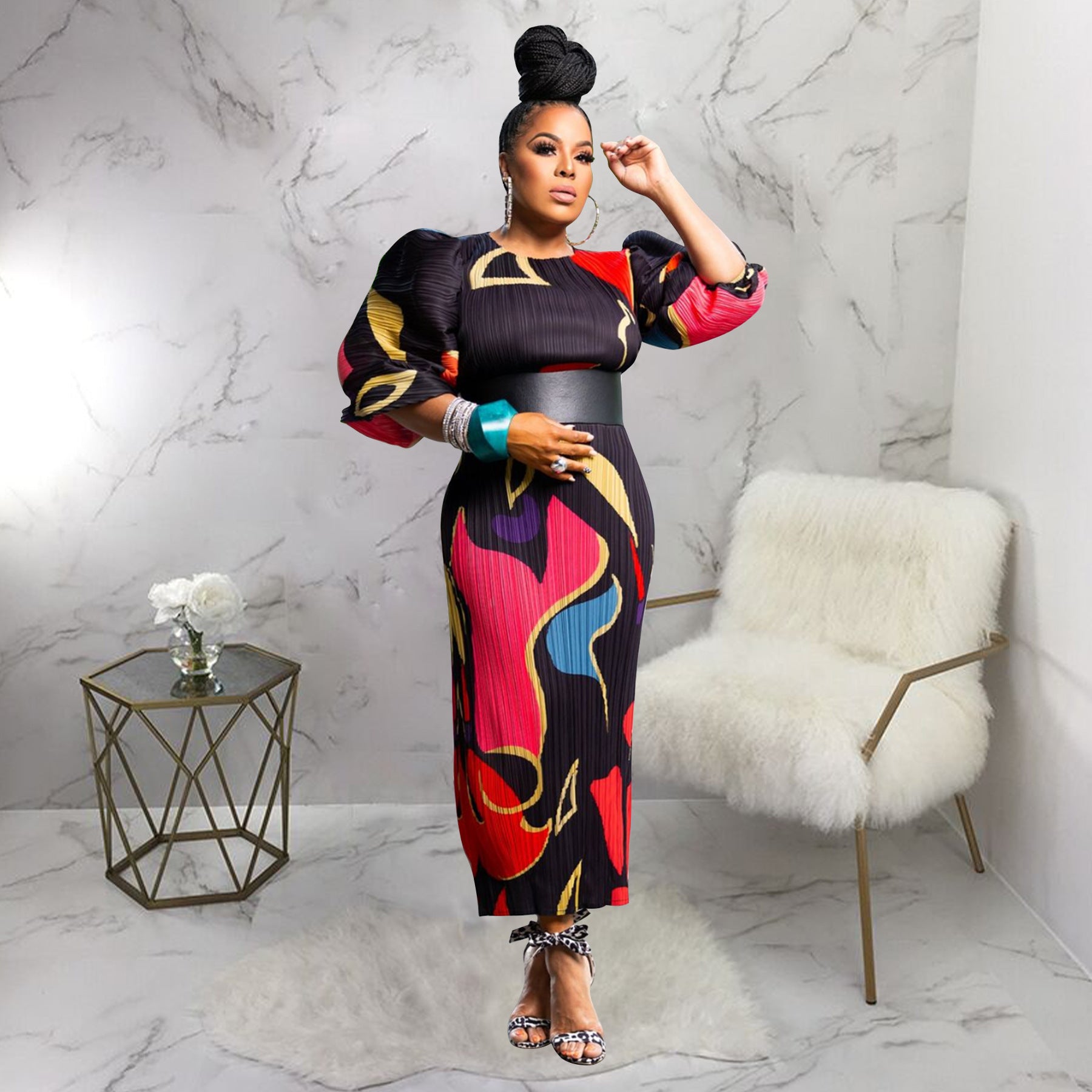 Women Lantern Sleeve Pleated Dress 4