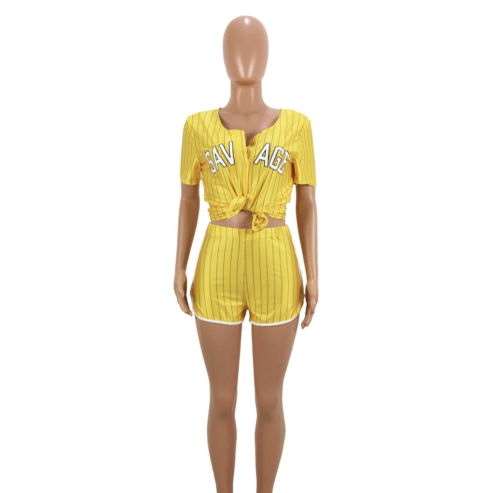 Women Sexy Women Striped Letter Baseball Top and Skirt Two-piece Set 30