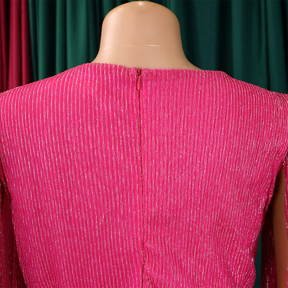 Belted V-Neck Chic Long Sleeve Cape Slim Waist Gown Dress 38