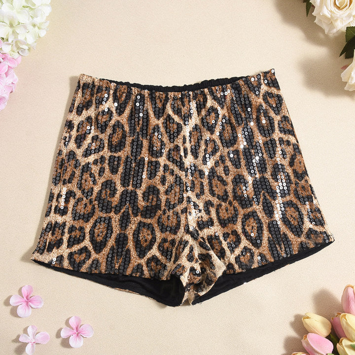 Sequin Women Leopard Elastic Waist Casual Shorts 9
