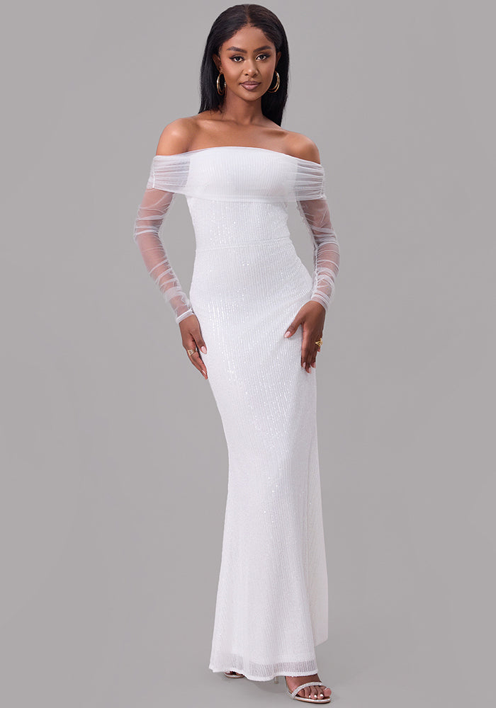 Spring women's chic sexy off shoulder mesh see-through long dress women wedding gown
