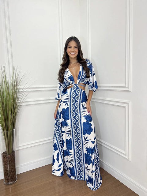 Women Color Block Bat Sleeves Lace-Up Maxi Dress 3