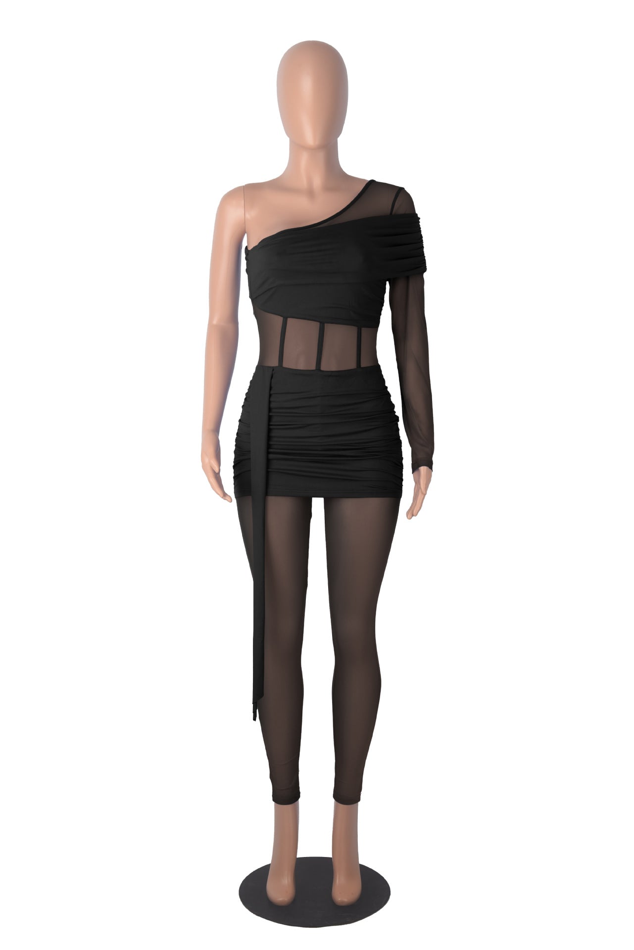 Fashion Slim Fit Sexy Solid Color Slim Waist One-Shoulder Long Sleeve Patchwork Jumpsuit 20