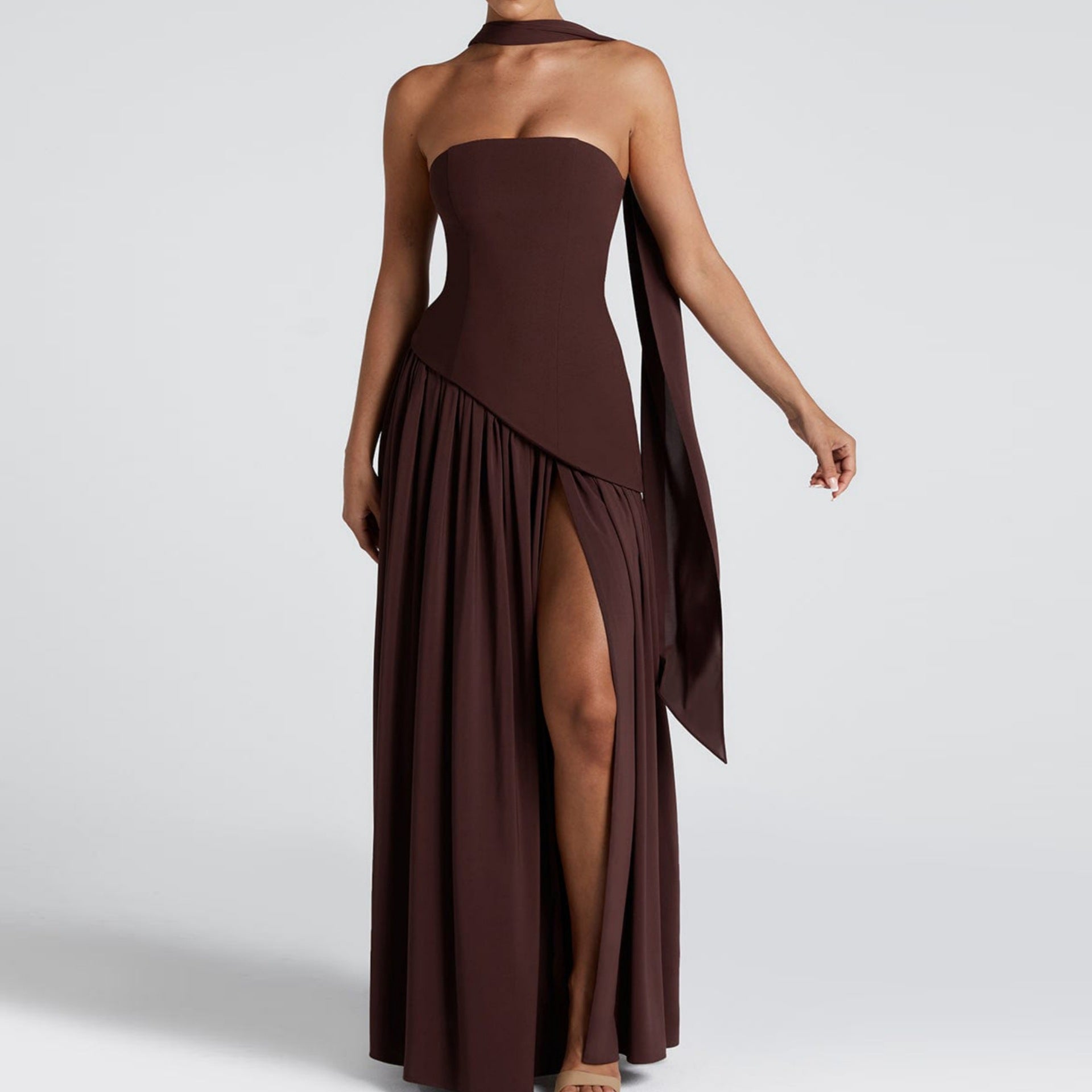 Summer Patchwork Low Back Strapless Slit Solid Dress 9