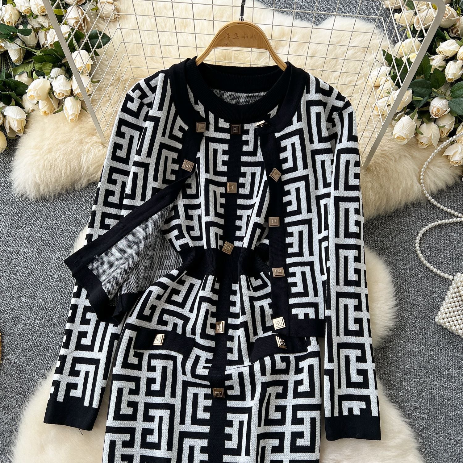 Women Cardigan Jacket Bodycon Dress Knitting Two-Piece Set 26