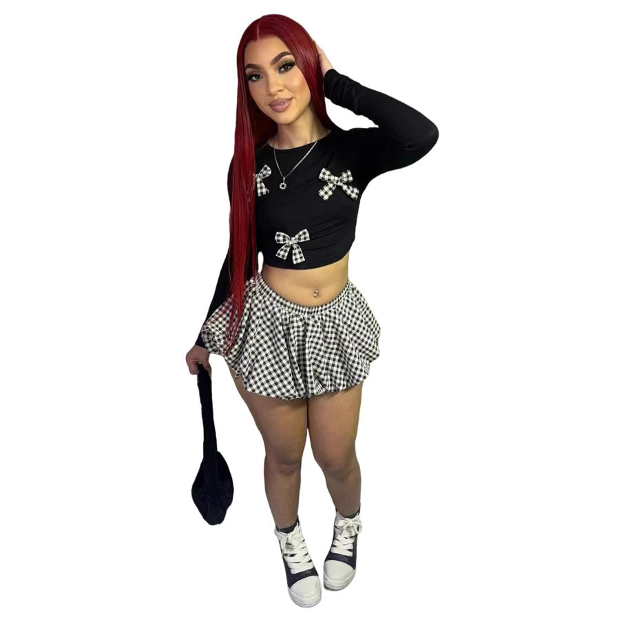 Bow Knot Long Sleeve Crop Top Shorts Two Piece Set 6