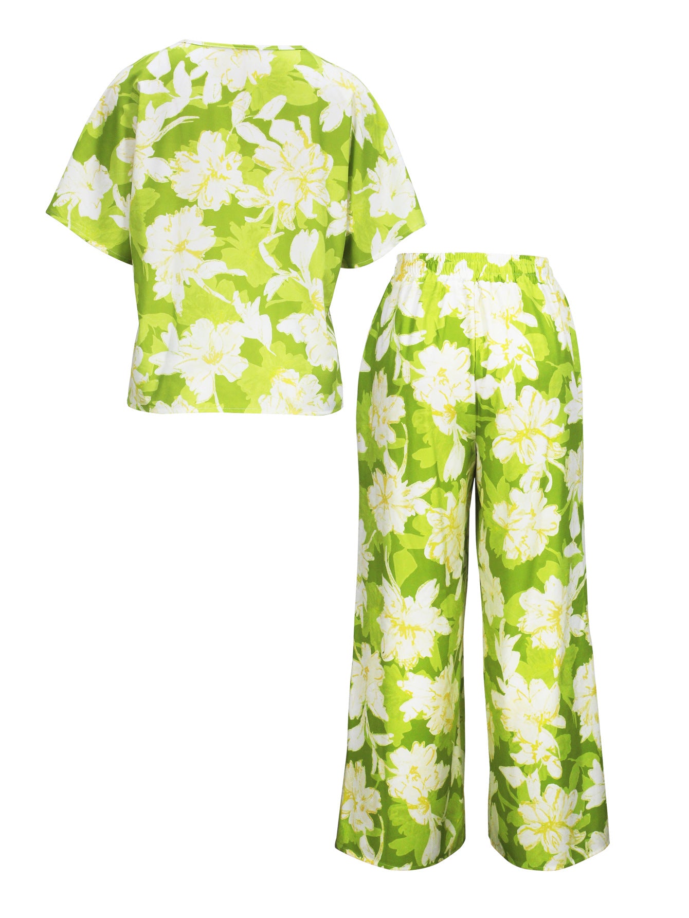 Women Elegant V-neck Short Sleeve Top and Long Pants Casual Two-piece Set 14