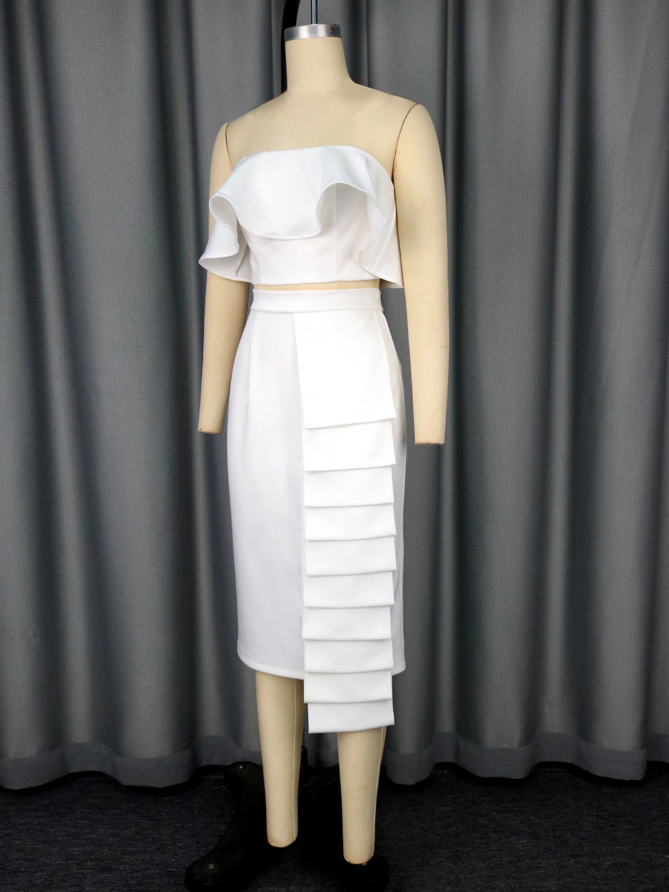 Sexy Strapless Peplum Top & Elegant White Asymmetric Bodycon Skirt Two-Piece Set 10
