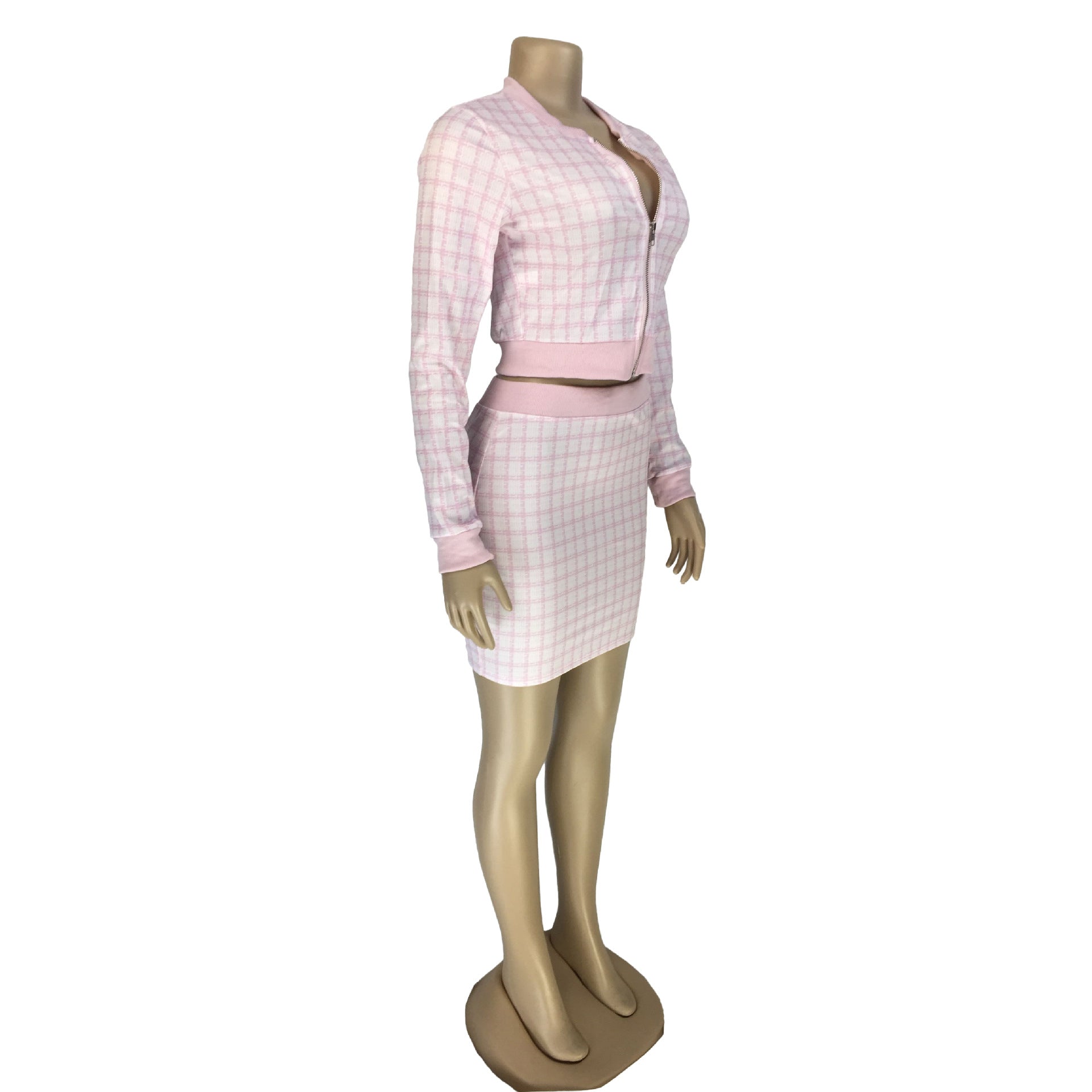 Women Plaid Ribbed Long Sleeve Top and Skirt Two-piece Set 28