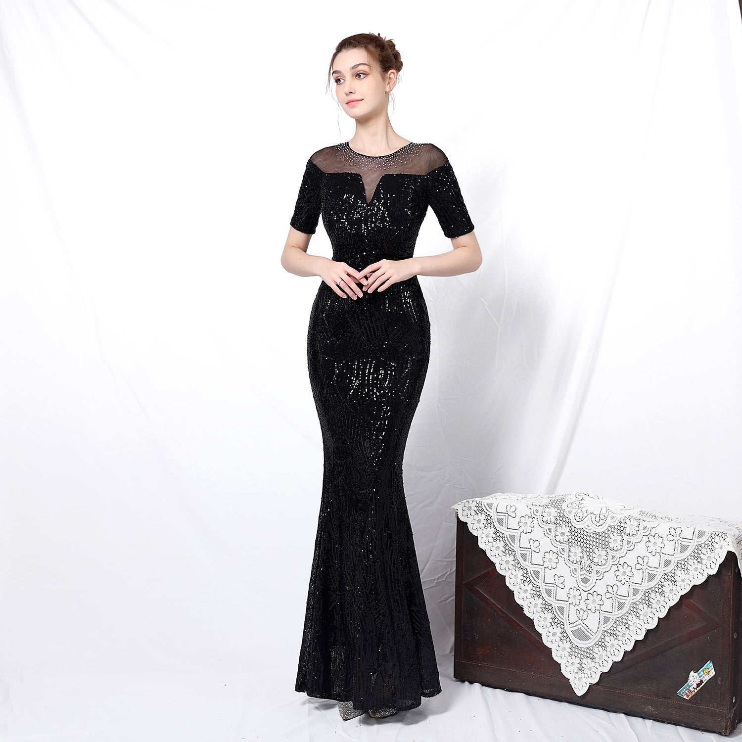 Women Elegant Long Sleeve Sequins Fishtail Evening Dress 8