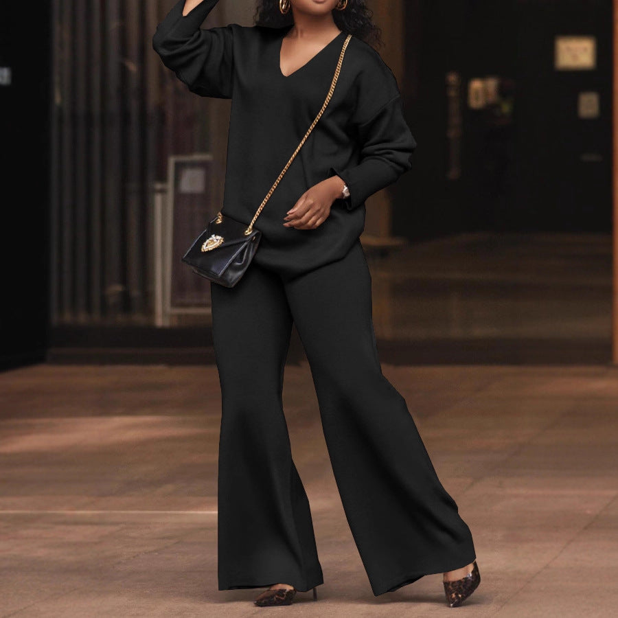 Women Solid Long-Sleeved Slit Two-Piece Set 8