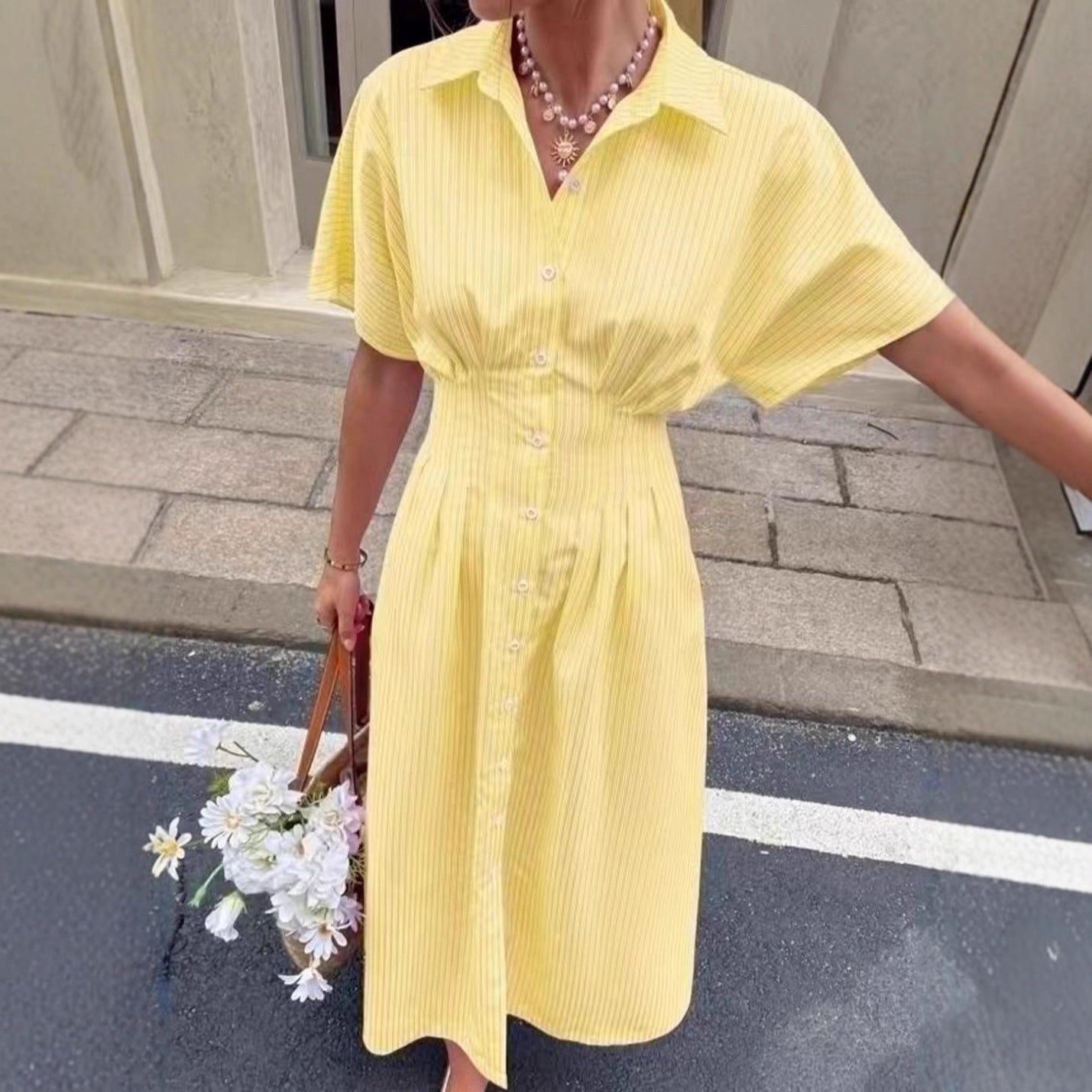 Women Striped Blue Short-Sleeved Shirt Dress 3