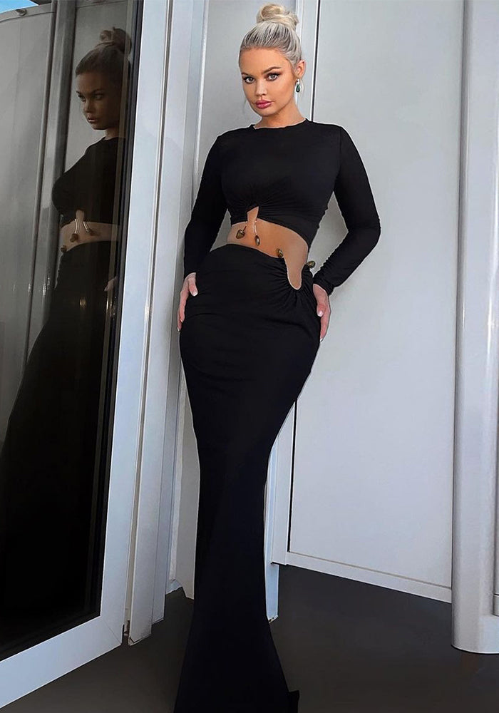 Autumn Winter Women's Fashion Crop Long-Sleeved Top Slim Skirt Two Piece Set