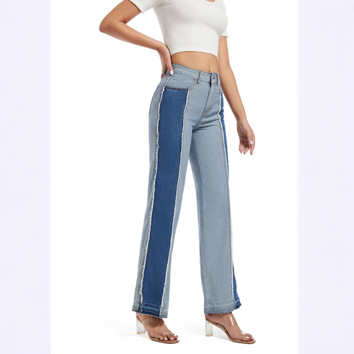 Women's Winter Fashion Slim Patchwork Contrast Color High Waist Casual Straight Denim Pants 5