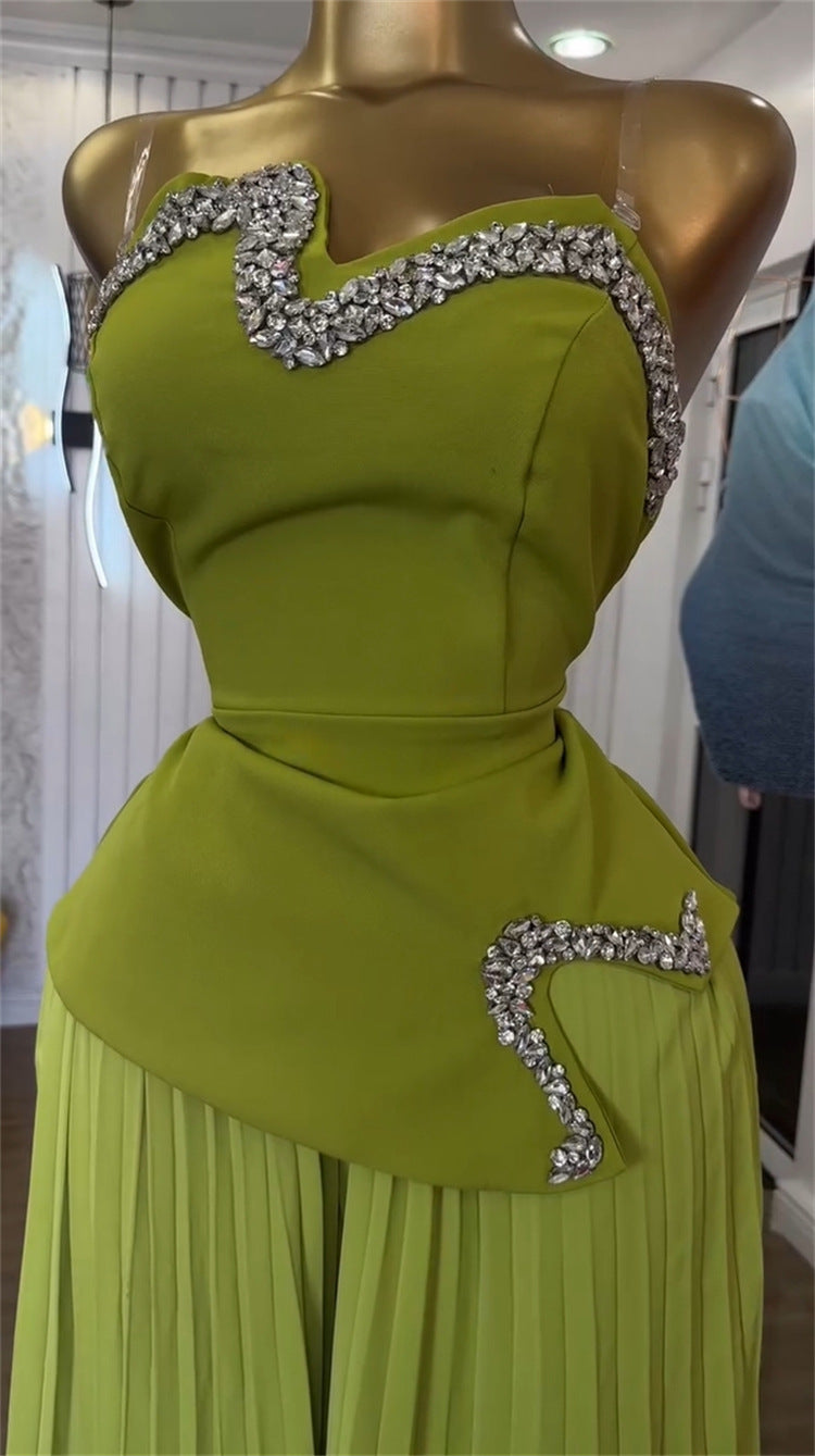 Women's Summer Strapless Crystal-Embellished Asymmetrical Top & Pleated Wide-Leg Pants Set 6