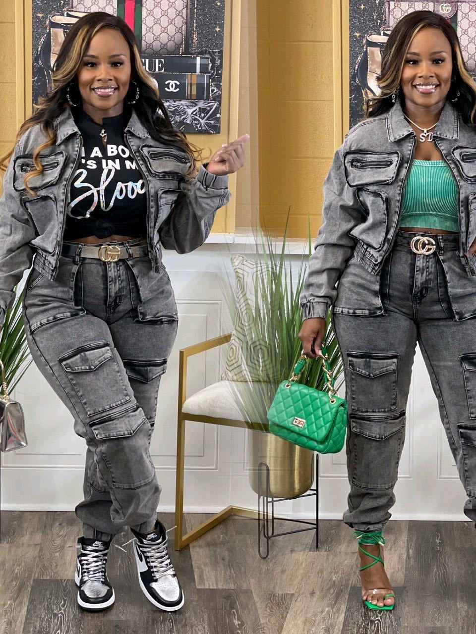 Women Stretch Washed Denim Cargo Top and Pant Casual Two-piece Set 3