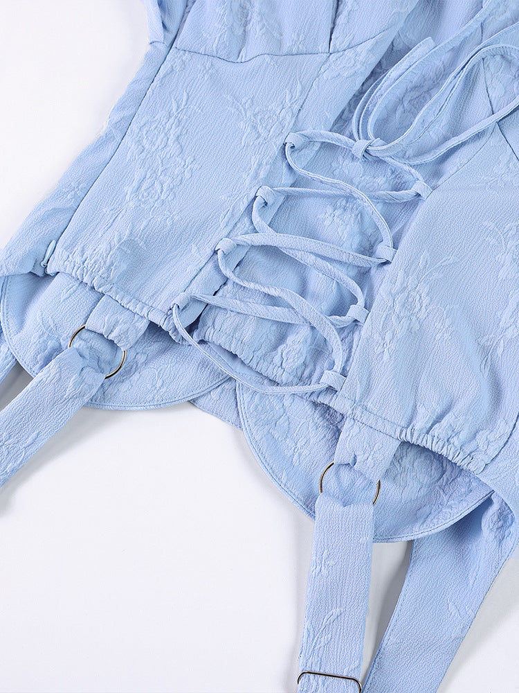 Women's Jacquard Strap Sexy Low Back Ruffle Short Dress 36