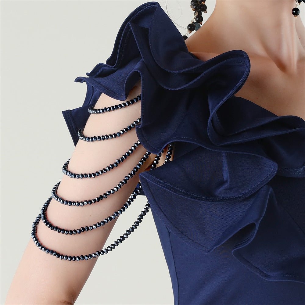 Women One-Shoulder Beaded Wool and Floral Satin Slit Sexy Evening Dress 75