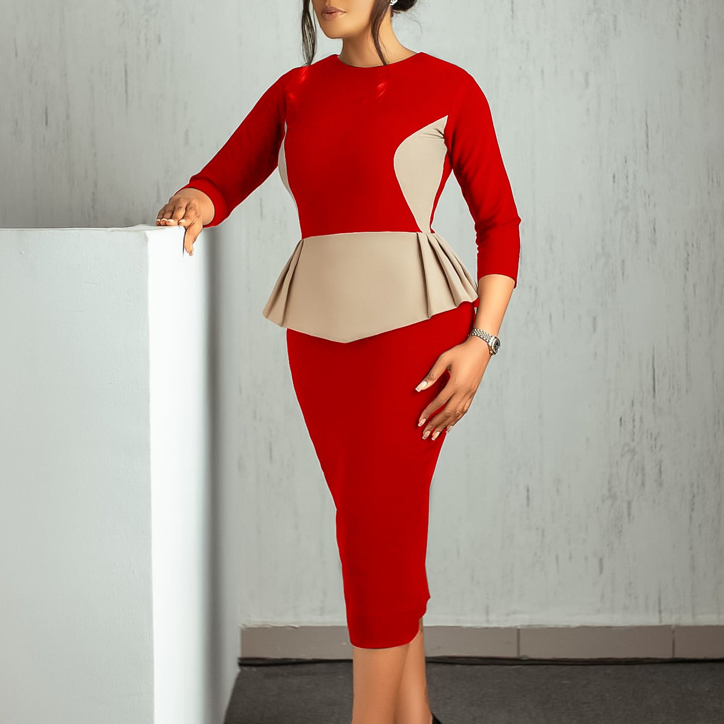Women's Autumn Winter Fashion Chic Elegant Color Matching OL Bodycon Dress 3