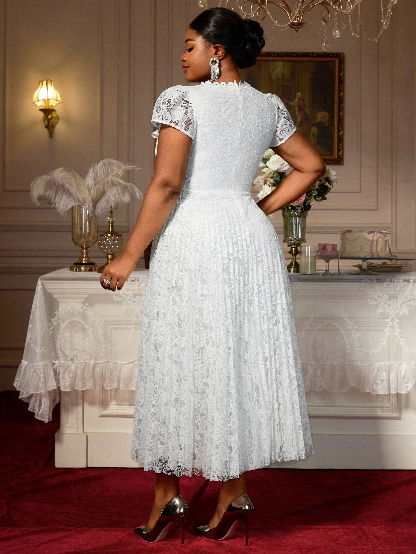 Plus Size Lace Trim Elegant Square-Neck Flared Party Dress 3