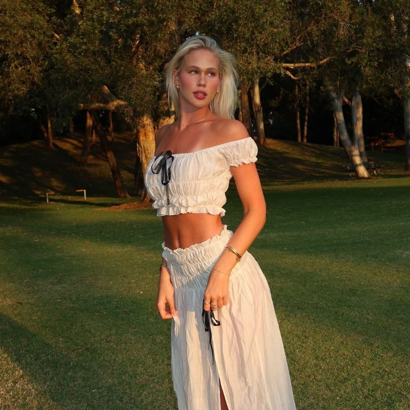 Women summer new sexy Chic Holidays Off Shoulder pleated top slit skirt set 3