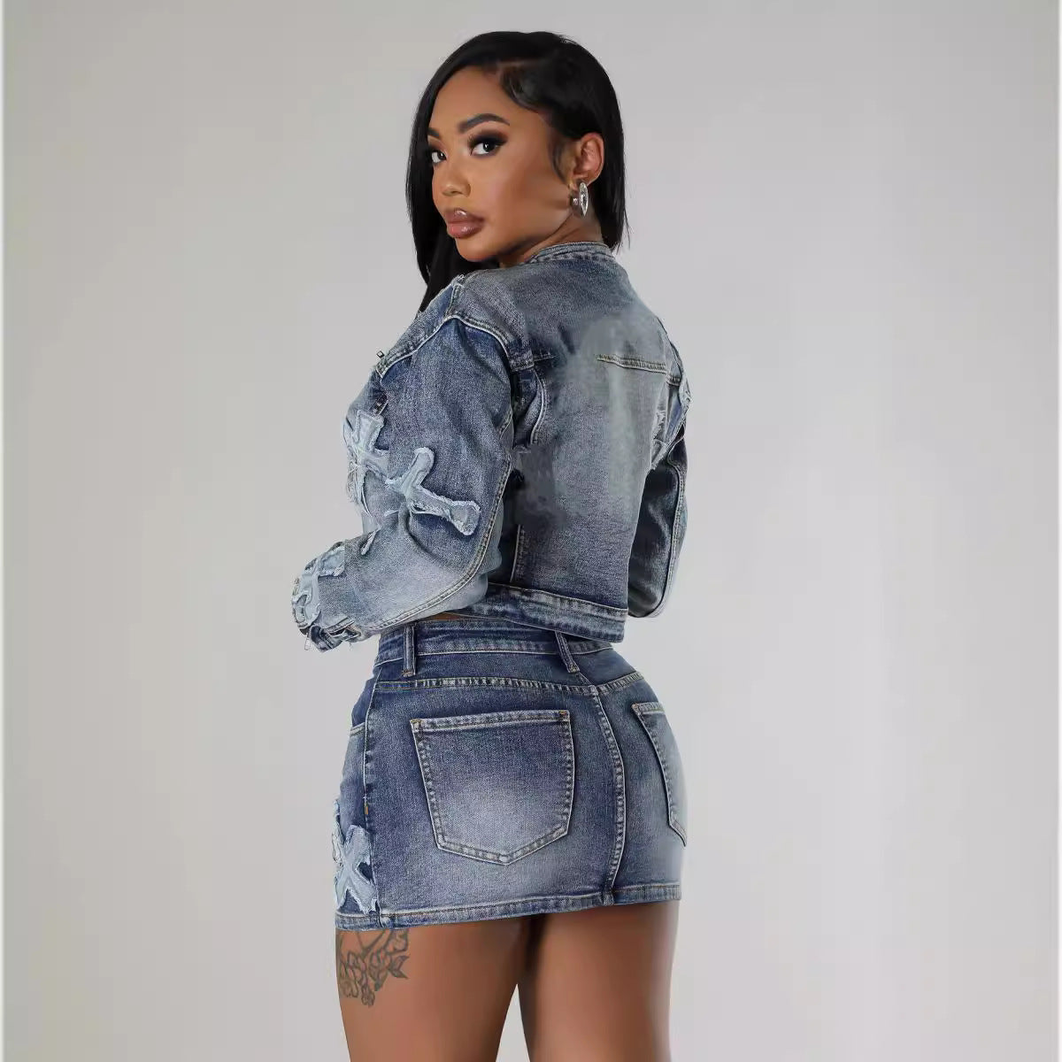 Women's Clothing Trendy Fashion Patch Denim Two Piece Skirt Set 4