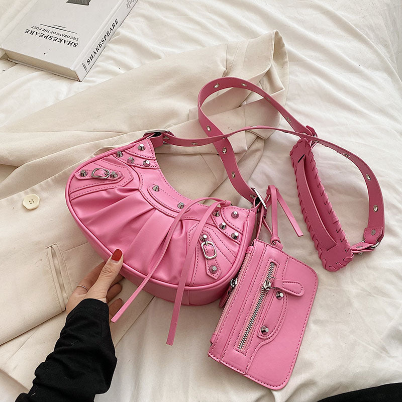 Diagonal pleated single shoulder women's retro rivet bag 42