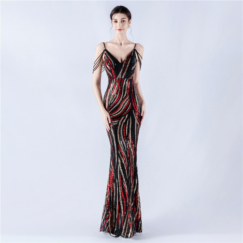 Women sequined striped color matching maxi evening dress 7