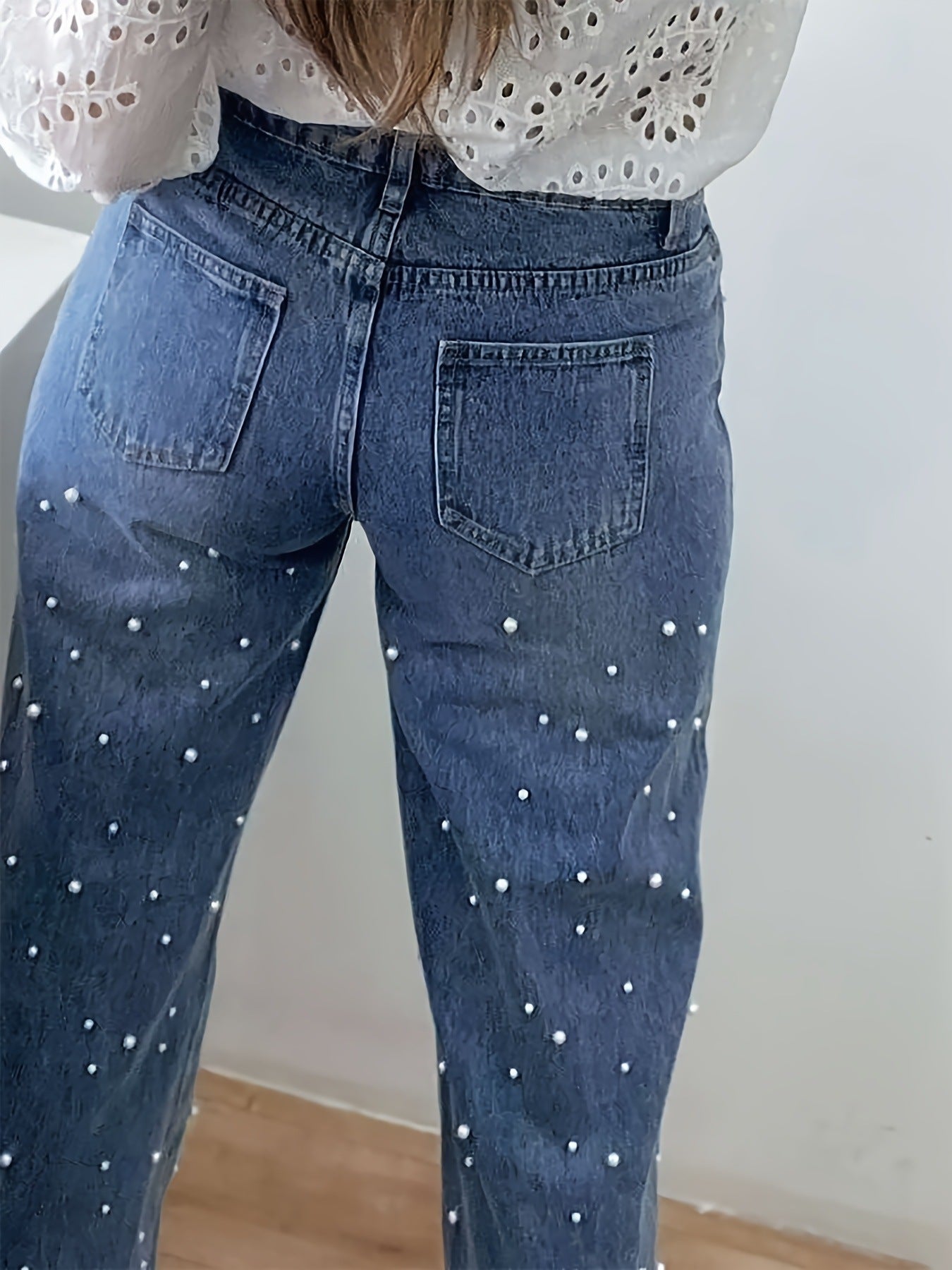 Women's Denim Beaded Furry Edge High Stretch Straight Leg Pants 5