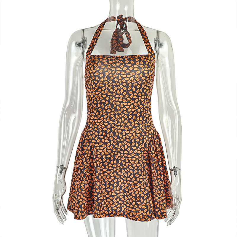 Women Pleated Print Halter Neck Backless Dress 9